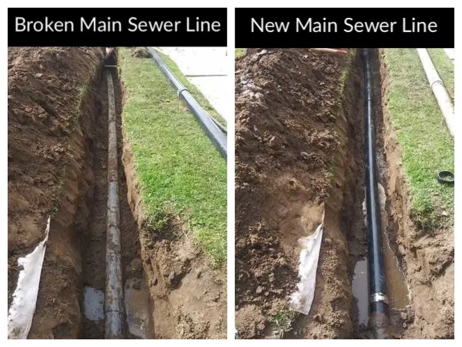Sewer camera inspection side-by-side comparison showing a repaired main sewer line